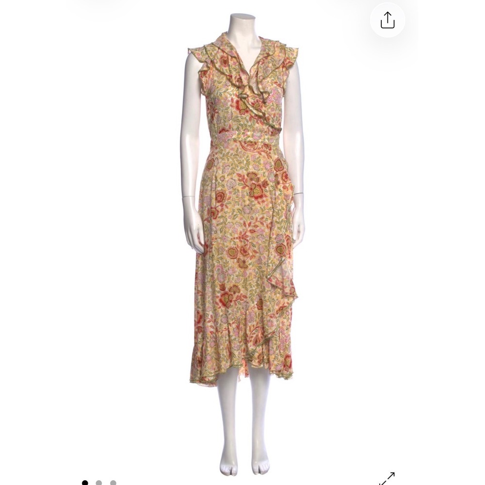 Poupette St Barth Wrap Dress Womens M Yellow Floral NWOT Ruffle Midi Viscose